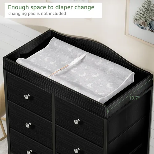 Vista 7 de BOLUO Cómoda con cambiador negro con 6 cajones de tela, tocador para bebés con cambiador superior, estación de cambio de pañales con almacenamiento