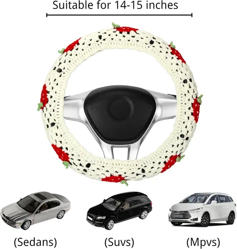 Vista 2 de Juego de fundas de ganchillo para volante, bonita funda bohemia para volante de automóvil de 14 a 15 pulgadas, patrón cuadrado de fresa blanca