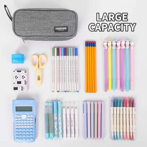 Vista 4 de Global Park Estuche para lápices, bolsa grande y bonita para suministros de regreso a la escuela, con cremallera, cartuchera escolar para niños, Gris