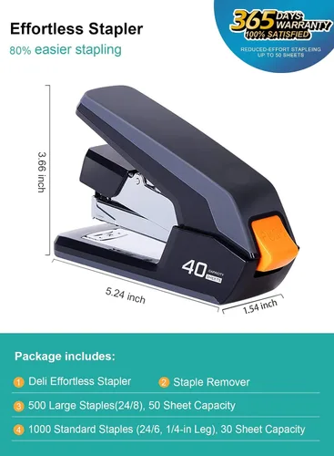 Vista 2 de Engrapadora de escritorio Deli sin esfuerzo, capacidad de 40 hojas, grapado con un toque de un dedo, grapadora ergonómica resistente fácil
