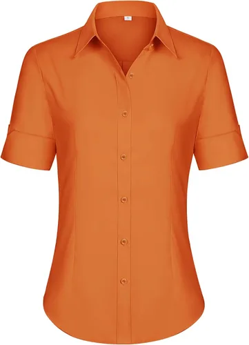 Vista 13 de siliteelon Camisas de vestir de manga corta con botones para mujer, camisas de algodón con botones para mujer, blusa ajustada de manga 3/4