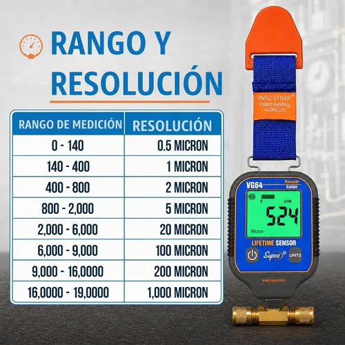 Vista 5 de Supco VG64 calibre de vacío con pantalla digital, rango de 0 a 12 000 micrones, precisión de 10%, conexión para adaptador de campana macho de 0.25
