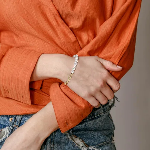 Vista 2 de Cowlyn Pearl Bracelet Paperclip Chain Link Baroque Culture Bossimi 14K Gold Filled Colorful Zircon Adjustable Fashion Valentine Charm Dainty