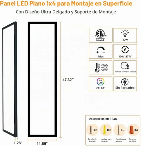 Vista 7 de Lámpara de panel plano LED negra de 1 x 4, montaje en superficie, paquete de 2
