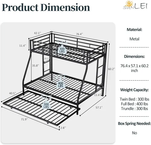 Vista 2 de SUNLEI Cama alta de metal con 2 escaleras seguras, litera individual sobre matrimonial con nido, camas nido con protección de seguridad individual