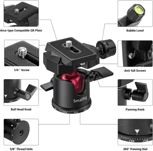 Vista 10 de SmallRig Mini Cabeza de Bola, Cabeza de Trípode para Cámara Panorámica 360° con Tornillo de 1/4" y Montaje de Rosca de 3/8" y Placa de Liberación