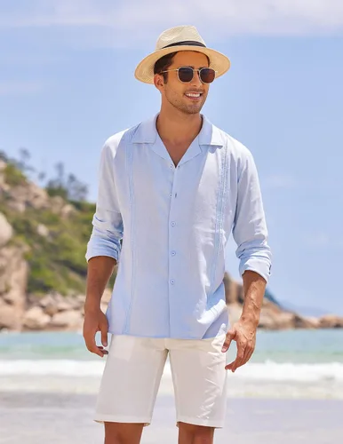 Vista 4 de COOFANDY Mens Linen Shirt Casual Cuban Guayabera Long Sleeve Button Down Beach Shirts