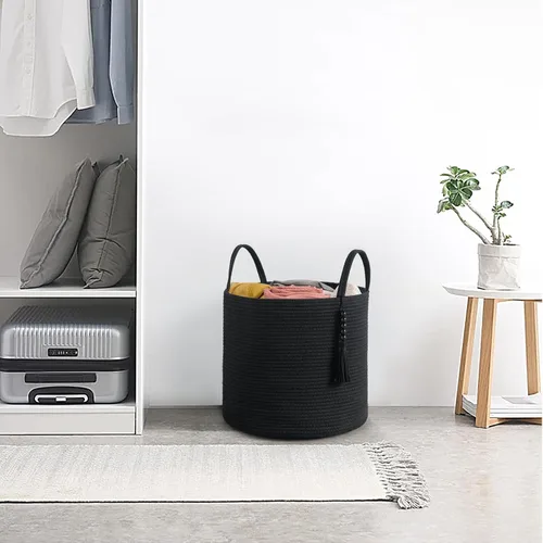 Vista 2 de Mkono - Canasta de almacenamiento tejida, canasta decorativa de cuerda natural con cuentas de madera para mantas, juguetes, ropa, zapatos y plantas