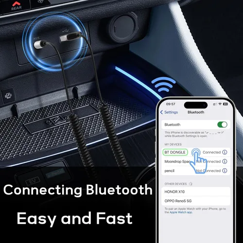 Vista 5 de Meliya Adaptador auxiliar a Bluetooth 5.3 para automóvil, USB 2.0 a 0.138 in Bluetooth receptor Jack Kit con micrófono incorporado entrada auxiliar
