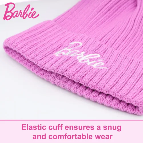 Vista 3 de Barbie Gorro de invierno para mujer Gorro de invierno para mujer con guantes, gorro cálido, gorro de punto rosa