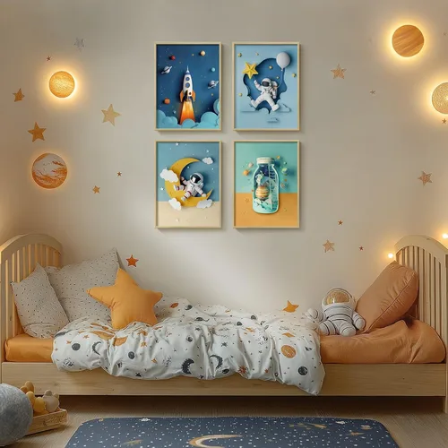 Vista 2 de Arte de pared enmarcado con temática espacial para habitación de niños