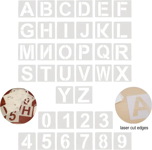 Vista 3 de Honbay 36 plantillas de letras del alfabeto de plástico, plantillas de números, plantillas de manualidades para pared de madera, tela, pizarra