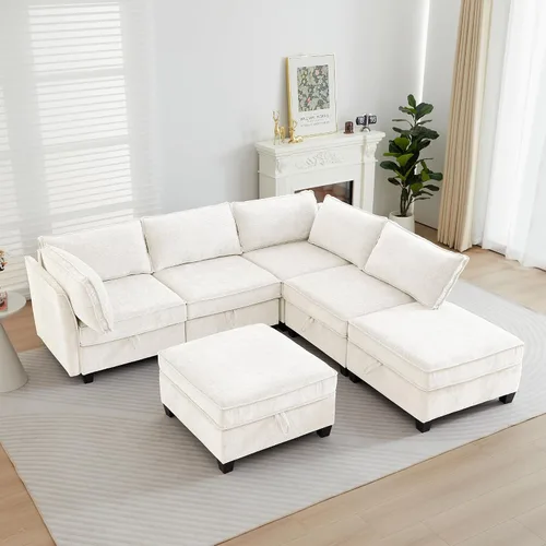 Vista 10 de ORRD Juego de sofá modular esquinero de gran tamaño, sofá convertible en forma de L con almacenamiento, sofá modular de 8 plazas con otomanas y Beige