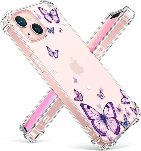 Vista 25 de OOZ Funda de cristal para iPhone 11 Pro (2019) de 5.8 pulgadas, bonita funda protectora transparente, seductor patrón de mariposa morada, suave a