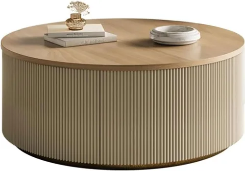 Vista 5 de SYALEO Mesa de Centro - Mesa de centro redonda moderna con almacenamiento y cajones, mesa de cóctel minimalista creativa de madera maciza, mesa