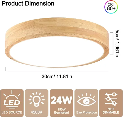 Vista 3 de Lámpara de Techo LED Empotrada: 12 Pulgadas 24W Luminaria de Dormitorio de Madera con Lámparas de Techo Redondas Modernas Planas Aéreas Minimalistas