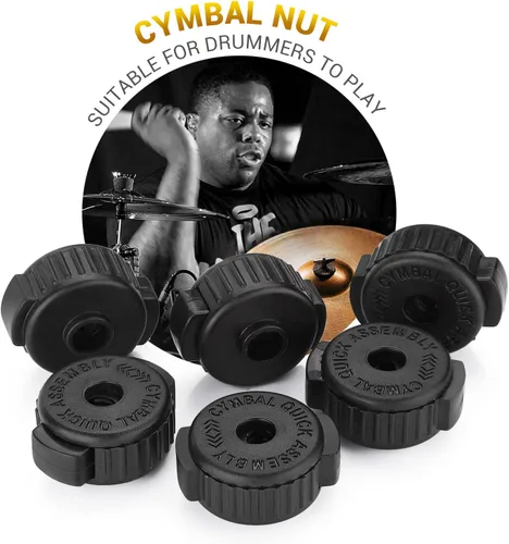 Vista 5 de Facmogu 6 piezas de tuercas de platillo de plástico negro, tuerca de platillo de 8 mm de ajuste rápido para kit de tambor de percusión, tuerca