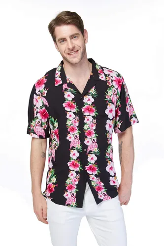 Vista 4 de Camisa hawaiana Luau o vestido cruzado con volantes en color rosa y negro hibisco vid