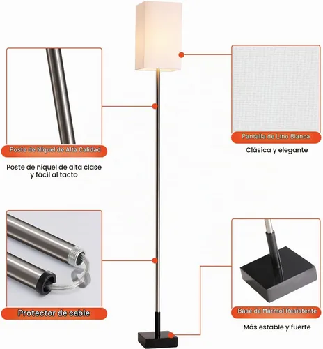 Vista 6 de Lámpara de pie moderna para sala de estar, lámpara de pie alta negra con pantalla cuadrada de lino, interruptor de cadena y base de metal estable