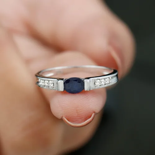 Vista 4 de 12 CT Blue Sapphire and Diamond Band Ring, 4X5 MM Oval Cut Blue Sapphire Solitaire Band Ring, Bar Set Blue Sapphire Gold Band,14K Solid Gold
