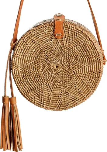 Vista 2 de Bolsas de ratán para mujer, hechas a mano, tejido de mimbre, bolso de mano con forma de círculo, estilo bohemio