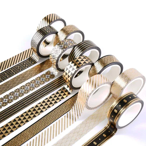 Vista 11 de YUBBAEX Juego de 18 Rollos de Cinta Washi Negra Dorada con Patrones Básicos de Impresión Dorada, Cintas Decorativas para Artes, Manualidades DIY