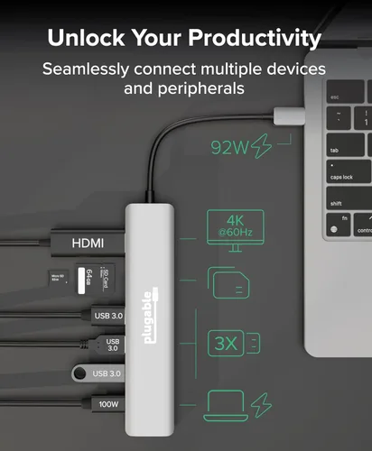 Vista 4 de Concentrador USB-C enchufable 7 en 1 para pantalla HDMI única, concentrador sin controlador, HDMI 4K, 3 USB 3.0, lector SD/microSD, carga de 100 W