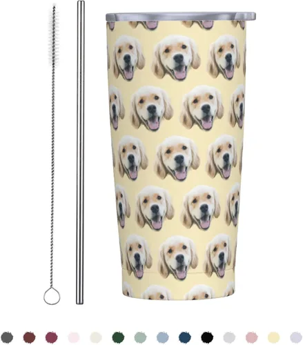 Vista 8 de Vaso personalizado de acero inoxidable para fotos de mascotas con cara de perro, 20 onzas con tapa y popote para viajes, regalo para amantes