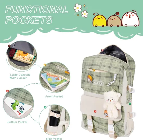 Vista 3 de Juego de 5 mochilas escolares de lona con colgante de oso kawaii, lindos alfileres a cuadros, asa a cuadros, bolsa de hombro