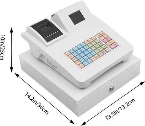 Vista 5 de Caja registradora electrónica de 48 teclas con cajón de efectivo, admite creación de informes y tecnología de impresión térmica, caja registradora