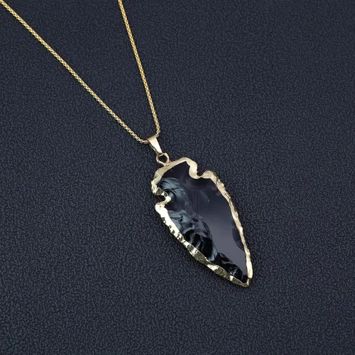 Vista 4 de COAI Collar de cristal crudo de obsidiana negra con punta de flecha, Piedra, Obsidiana