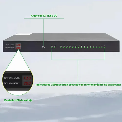 Vista 3 de Fuente de alimentación de montaje en rack de 1U 12V 20A de 18 canales - Salida de CC distribuida de 12 V 3-5 A con fusible de reinicio, cable de CA