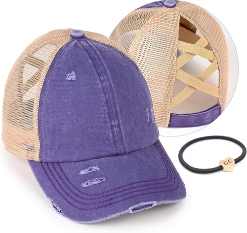 Vista 43 de C.C Gorra de béisbol de malla con diseño de estrella brillante, gorra de camionero ajustable para moño o cola de caballo Una banda elástica-negro