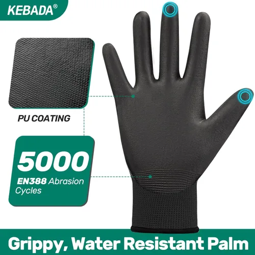 Vista 2 de Kebada Guantes de trabajo de seguridad, paquete de 120 pares a granel, pantalla táctil, revestimiento de poliuretano, ideales para almacén, Negro