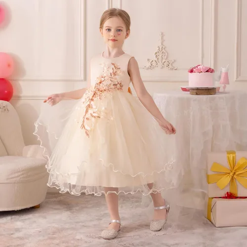 Vista 8 de Vestido formal para niña de flores, vestido formal para fiesta de cumpleaños, boda, bordado floral, vestidos de satén de tul para niños de 2 a 12