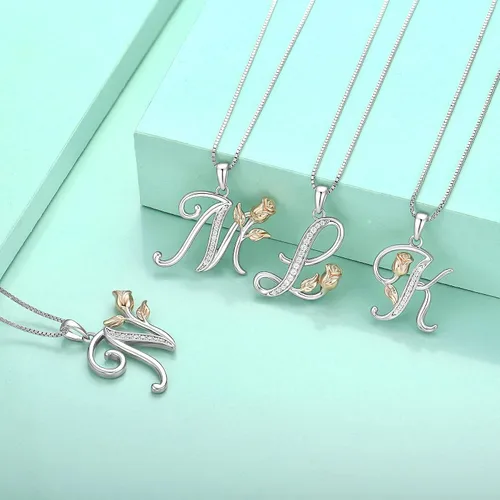 Vista 5 de STARCHENIE Collar con inicial para mujer, plata de ley, 26 letras del alfabeto, colgante de flor de rosa, regalos para familiares, hermanas y amigas