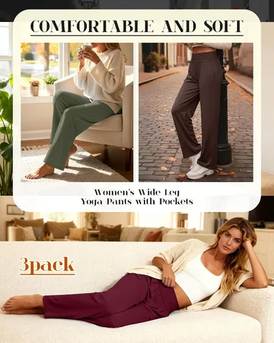 Vista 181 de Neer - Conjunto de 3 pantalones de yoga de pierna ancha para mujer - Pantalones deportivos cómodos, holgados, de cintura alta y casuales