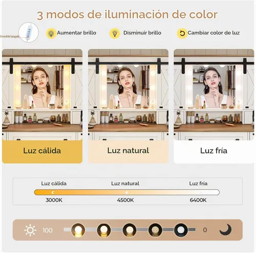 Vista 5 de Hasuit Escritorio de tocador de granja con espejo y luces, tocador de maquillaje blanco con estación de carga, espejo de tocador rústico con puerta