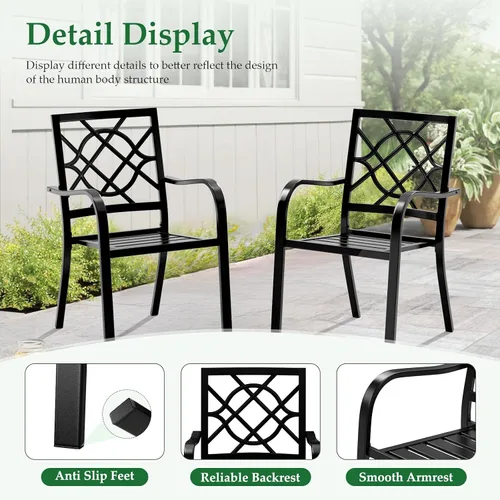 Vista 4 de Crownland Juego de 2 sillas de comedor de hierro forjado para patio, sillas apilables de metal con reposabrazos para jardín, piscina, patio trasero