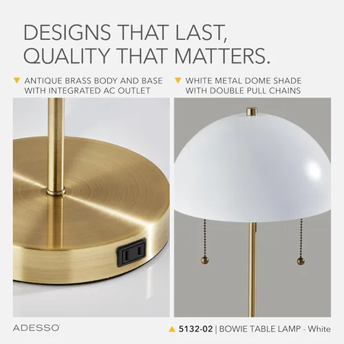 Vista 5 de Adesso Lámpara de mesa con acabados de latón blanco y antiguo - Mesa de noche con dos luces, acento de oficina en casa o decoración de sala