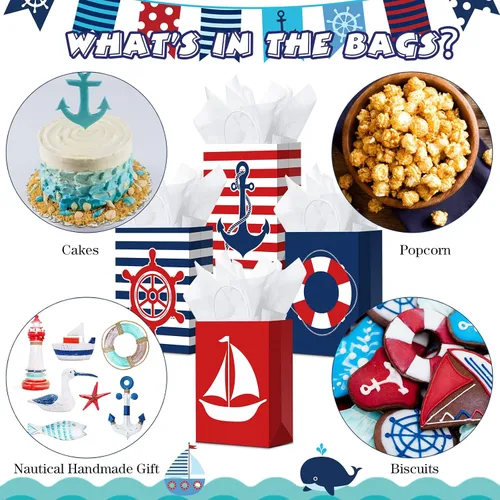 Vista 7 de Sepamoon Paquete de 16 bolsas de regalo náuticas, bolsas de papel para fiestas náuticas y papel de seda con asas, anclajes marinos, golosinas