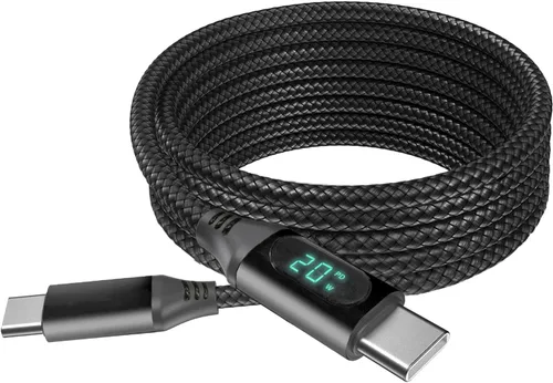 Vista 2 de BoxWave Cable Compatible with Lava Z4 - PowerDisplay PD Cable (6ft) - USB-C to USB-C (100W), LED Wattage Info Extra Long Braided Nylon - Jet Black