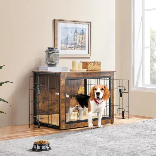 Vista 2 de Yaheetech 32" Mesa auxiliar de jaula para perros con cojín, jaula de madera para perros con puertas dobles/pies ajustables, mesa auxiliar lateral
