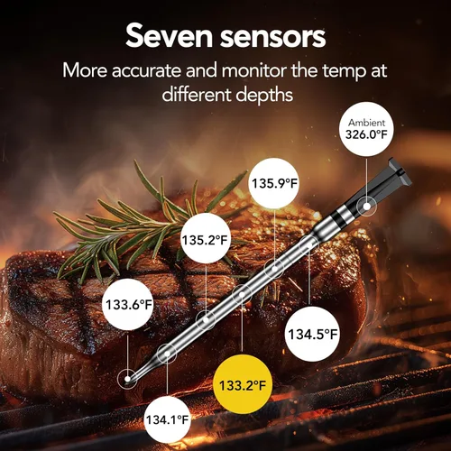 Vista 4 de BBQOVN - Termómetro inalámbrico inteligente WiFi para carne, sub-1G de largo alcance de 1000 pies, 7 sensores certificados NIST en 1 sonda fina