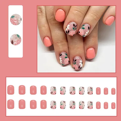 Vista 6 de Uñas postizas a presión de otoño, uñas postizas cuadradas cortas de cobertura completa con diseño de flores rosas, lindas uñas acrílicas brillantes