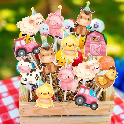 Vista 4 de Decoración de pastel de animales de granja rosa para niñas, temática de animales de granja, fiesta de cumpleaños, decoración de pastel de vaca