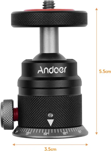 Vista 5 de Andoer DSLR - Cabezal de bola de trípode de aleación de aluminio, montaje panorámico de 360° giratorio de 180° con base escalada, montaje universal