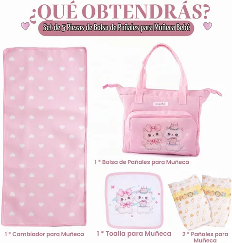 Vista 4 de BABESIDE Juego de 5 bolsas de pañales para muñecas de bebé, bonitos patrones de gato, accesorios para muñecas de bebé, bolsa de pañales rosa