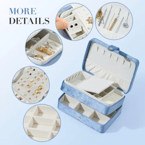 Vista 3 de Joyero pequeño de terciopelo para mujeres y niñas, estuche portátil de viaje de doble capa para anillos, colgantes, aretes, collares, organizador