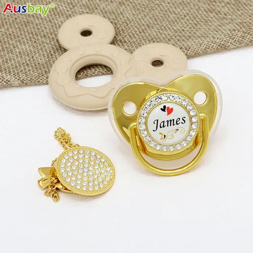 Vista 6 de Juego de chupete personalizado y clip para chupete con nombre, chupete personalizado, nombre y cadena personalizados, juguetes mordedores de Dorado